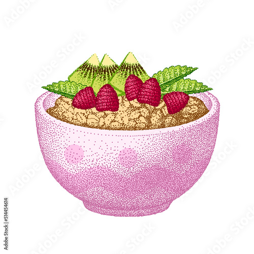 Granola in bowl with kiwi, raspberry, mint leaves. Oatmeal breakfast with fruits, berry, oat grain porridge. Muesli flakes. Vector sketch illustration