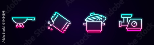 Set line Frying pan on fire, Packet of pepper, Cooking pot and Kitchen meat grinder. Glowing neon icon. Vector