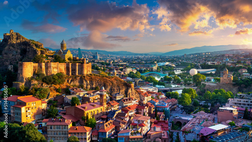 Panoramic of Tbilisi city at sunrise in Georgia.