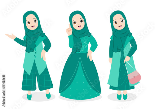 Islamic hijab woman with various poses vector illustration