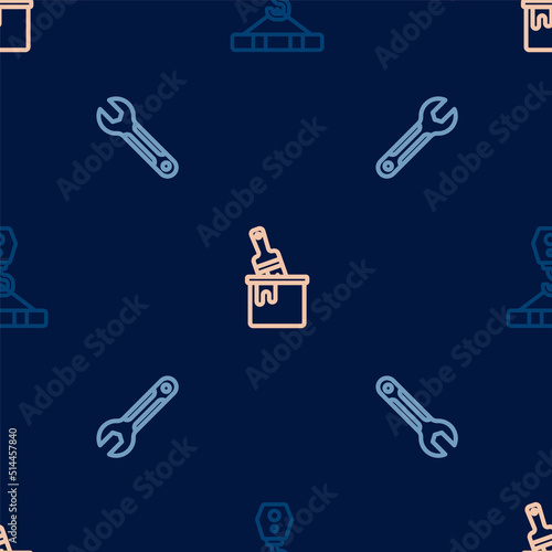 Set line Crane hook, Wrench spanner and Paint bucket with brush on seamless pattern. Vector