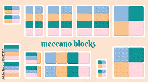 Meccano toys elements plastic construction kit blocks set. Erector set flat details coloful parts for kids party posters nursery card pattern