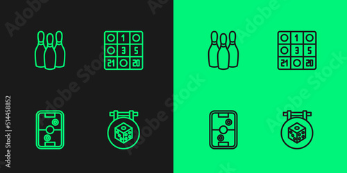 Set line Game dice, Air hockey table, Bowling pin and Bingo card icon. Vector