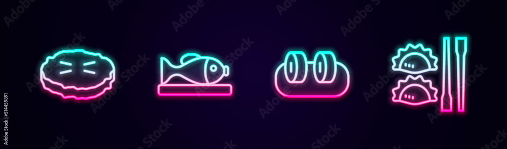 Set line Homemade pie, Served fish on plate, Sushi and Dumpling with chopsticks. Glowing neon icon. Vector Set line Homemade pie, Served fish on plate, Sushi and Dumpling with chopsticks. Glowing neon icon. Vector