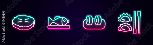 Set line Homemade pie, Served fish on plate, Sushi and Dumpling with chopsticks. Glowing neon icon. Vector