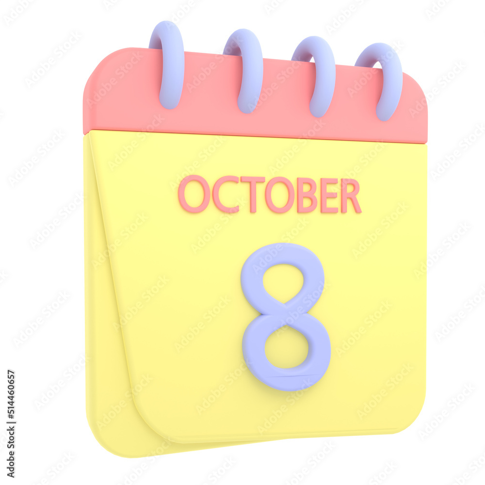 8th October 3D calendar icon. Web style. High resolution image. White background 8th October 3D calendar icon. Web style. High resolution image. White background