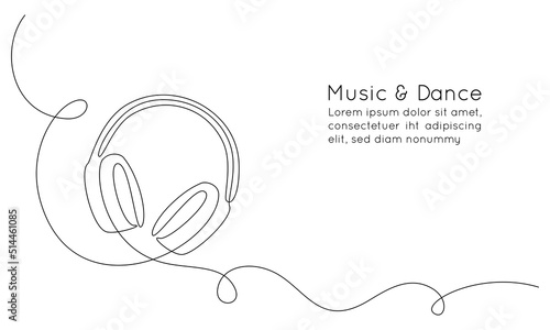 One continuous line drawing of headphone speaker. Music and earphones for listening songs and playlist in simple linear style. Editable stroke. Doodle vector illustration