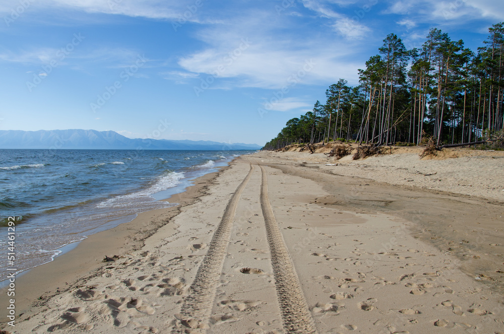 Car tracks along the shore of the lake on a sandy beach.