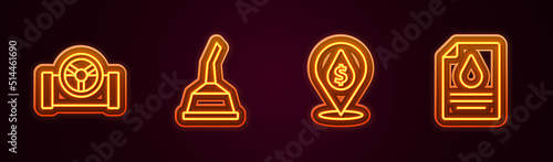 Set line Oil pipe with valve, Canister for motor machine oil, drop dollar symbol and Contract money and pen. Glowing neon icon. Vector