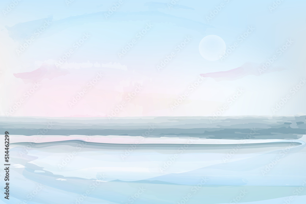 Sunrise, morning ocean view, coast line  background in turquoise and pastel colours. Vector illustration, watercolor style, concept for card, poster, flyer, print.