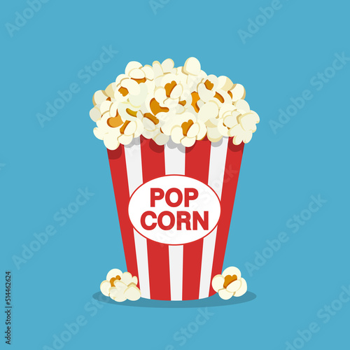 Popcorn box in flat style. Pop corn icon symbol food cinema movie film isolated on blue background. Vector stock