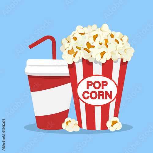 Popcorn snack and drink in flat style isolated on white backgorund. Popcorn and Soda icon. Vector stock