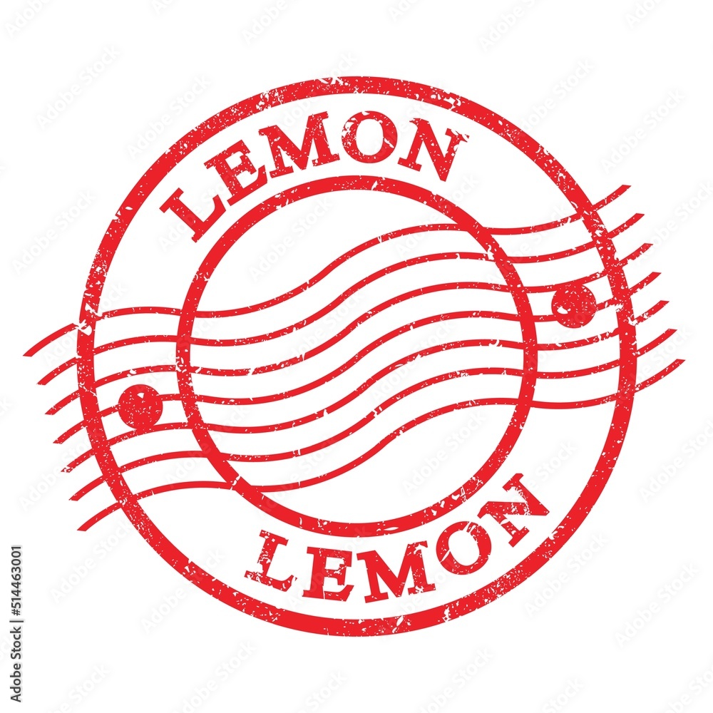 LEMON, text written on red postal stamp. LEMON, text written on red postal stamp.