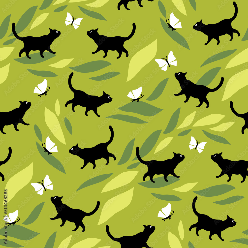 Seamless pattern with black cats walking outdoor