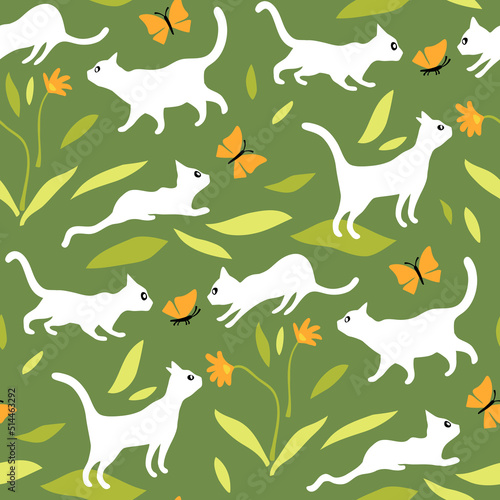 Seamless pattern with white cats walking outdoor