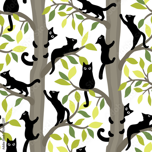 Seamless pattern with cats climbing on trees