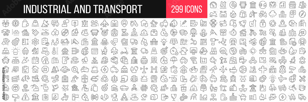 Industrial and transport linear icons collection. Big set of 299 thin line icons in black. Vector illustration Industrial and transport linear icons collection. Big set of 299 thin line icons in black. Vector illustration