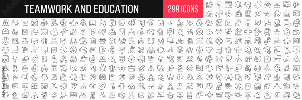 Teamwork and education linear icons collection. Big set of 299 thin line icons in black. Vector illustration