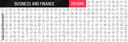 Business and finance linear icons collection. Big set of 299 thin line icons in black. Vector illustration