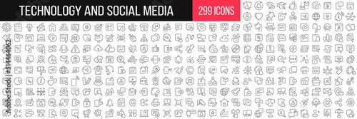 Technology and social media linear icons collection. Big set of 299 thin line icons in black. Vector illustration