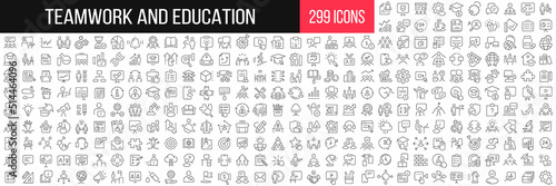 Teamwork and education linear icons collection. Big set of 299 thin line icons in black. Vector illustration photo