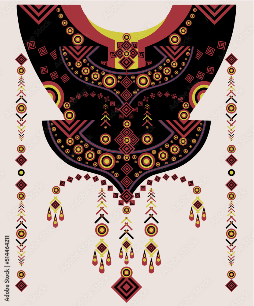 Kaftan neckline. This ethnic and geometric textiles neckline pattern and motif are reminiscent of a sci-fi movie garment. Design of materials for covers, textiles, wraps, clothing, and apparel