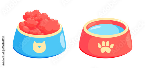 Pet bowl with food. Bowl for cat or dog for kibbles and water. Vector illustration in cute cartoon style