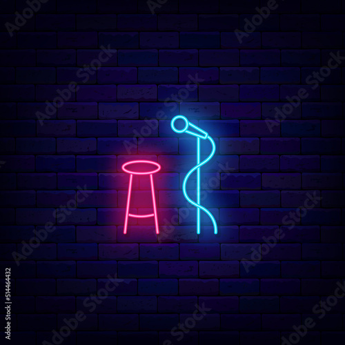 Stand up comedy neon sign. Microphone and chair on stage. Solo singer. Music school logo. Vector stock illustration
