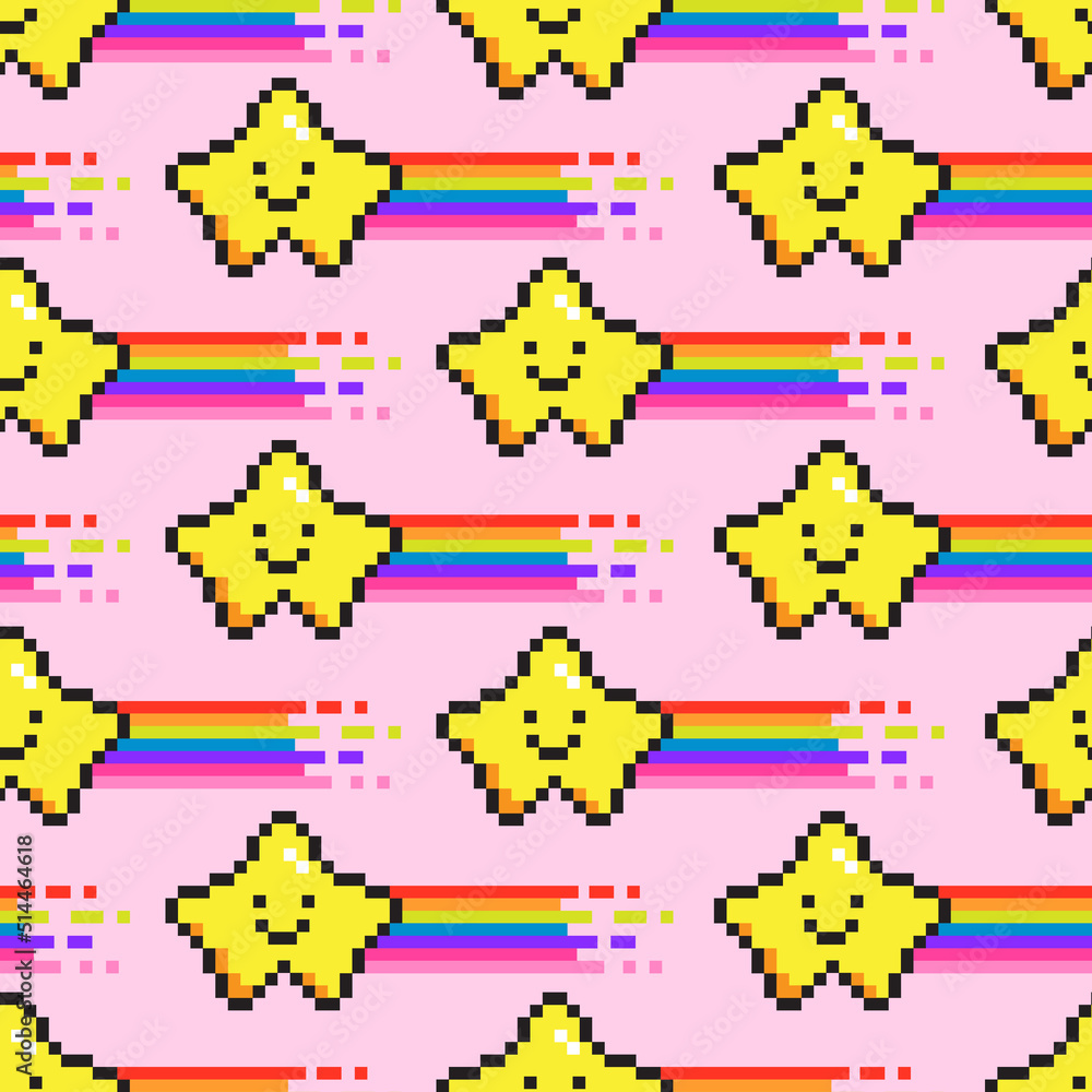Seamless vector pattern with cute pixel art flying star with rainbow. Background with geek element in the style of 90s game. Old school graphic texture