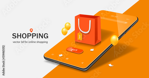 Orange shopping bag pop up on smartphone screen with buy button icon and there were yellow balloons floating around,vector 3d on white orange background for delivery and online shopping concept