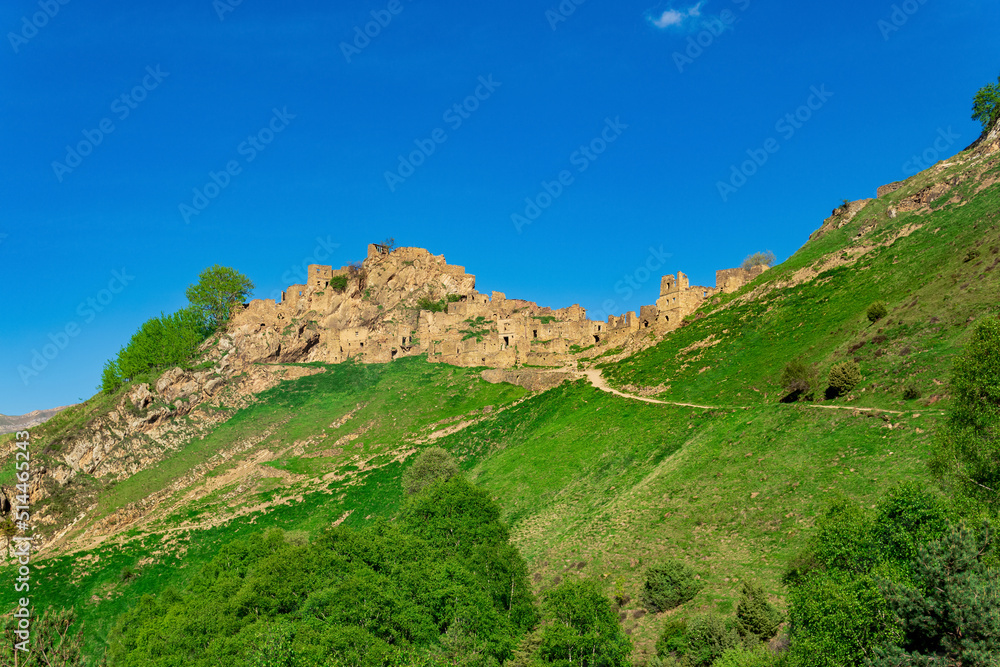 view of the abandoned village of Gamsutl on the top of the mountain