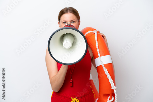 Young caucasian woman isolated on white background with lifeguard equipment and shouting through a megaphone