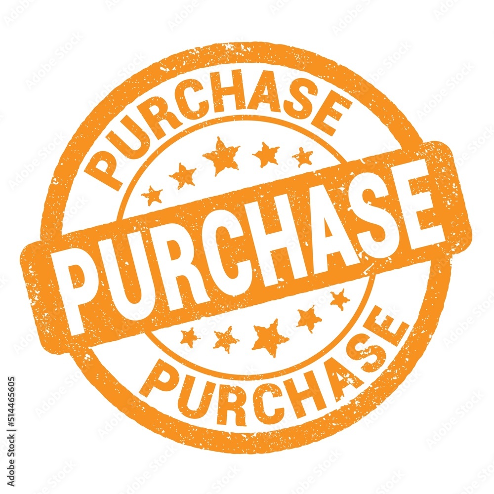 PURCHASE text written on orange round stamp sign. PURCHASE text written on orange round stamp sign.