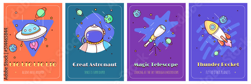 vector children's background about space. Astronaut, ufo, telescope, rocket, stars and planets
