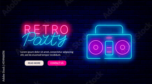 Retro party neon signboard. Vintage music player. Shiny night advertising. Night club event label. Vector illustration