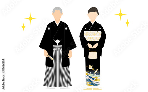 紋付袴と黒留袖のシニア夫婦、結婚式に着物で参列する両親