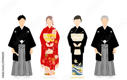 着物姿の家族、紋付袴と振袖、黒留袖