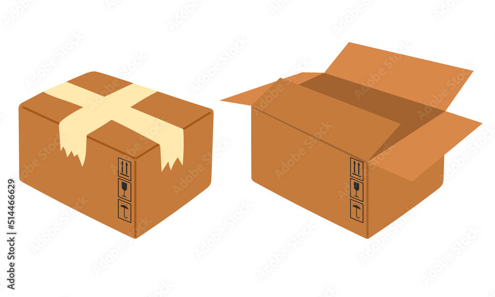 Parcel box made of kraft paper, cardboard on a white background. Vector illustration in a flat style. Brown gift wrapping tied with a rope label Parcel box made of kraft paper, cardboard on a white background. Vector illustration in a flat style. Brown gift wrapping tied with a rope label