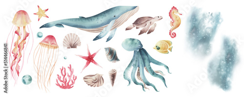 Canvas Print Set of watercolor marine illustrations with sea animals isolated on transparent