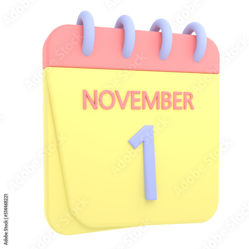 1st November 3D calendar icon. Web style. High resolution image. White background