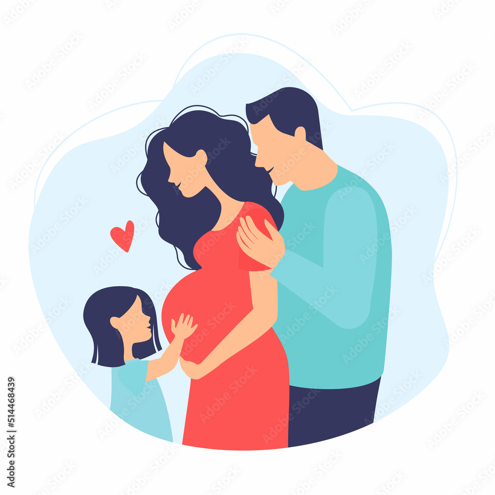 Happy young family. Dad, daughter and pregnant mother. Child hugs belly of pregnant mother. Vector illustrations Happy young family. Dad, daughter and pregnant mother. Child hugs belly of pregnant mother. Vector illustrations