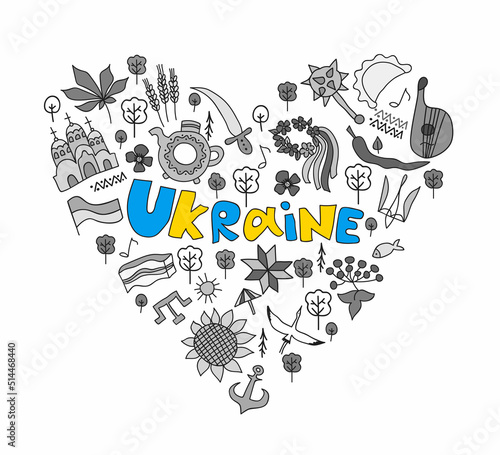 Vector illustration stylized heart in doodle style with symbols of Ukraine. Set of elements.	