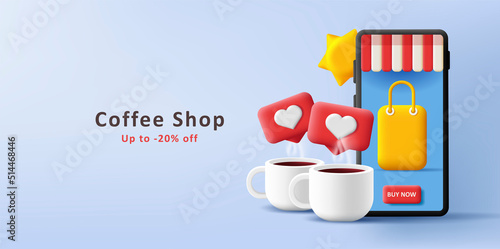 3d illustration of smartphone with shopping and coffee cups with likes