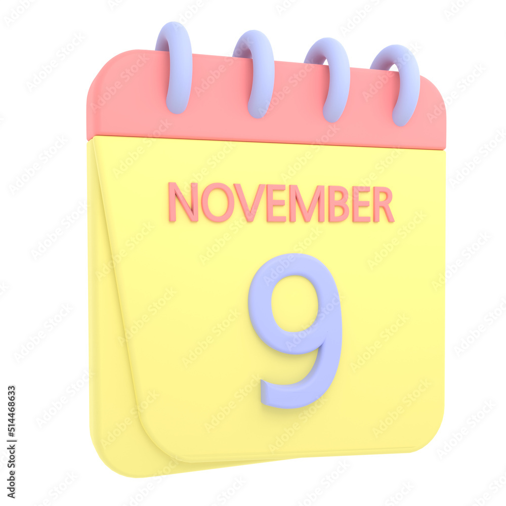 9th November 3D calendar icon. Web style. High resolution image. White background 9th November 3D calendar icon. Web style. High resolution image. White background
