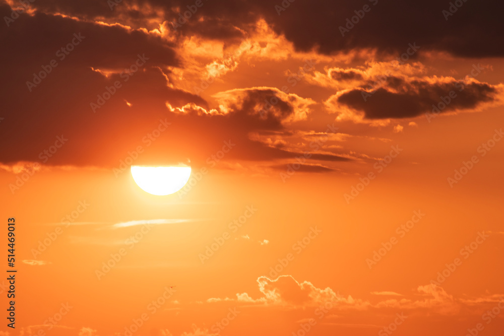 Beautiful colorful yellow orange red sunset copy space on the clouds