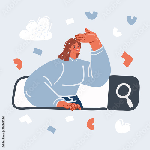 Vector illustration of Woman searching on internet, characters using search bar.