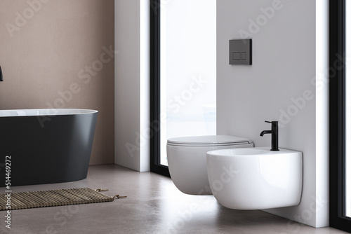 Corner of modern bathroom with white and beige walls, concrete floor, comfortable bathtub, toilet and bidet .3d rendering
