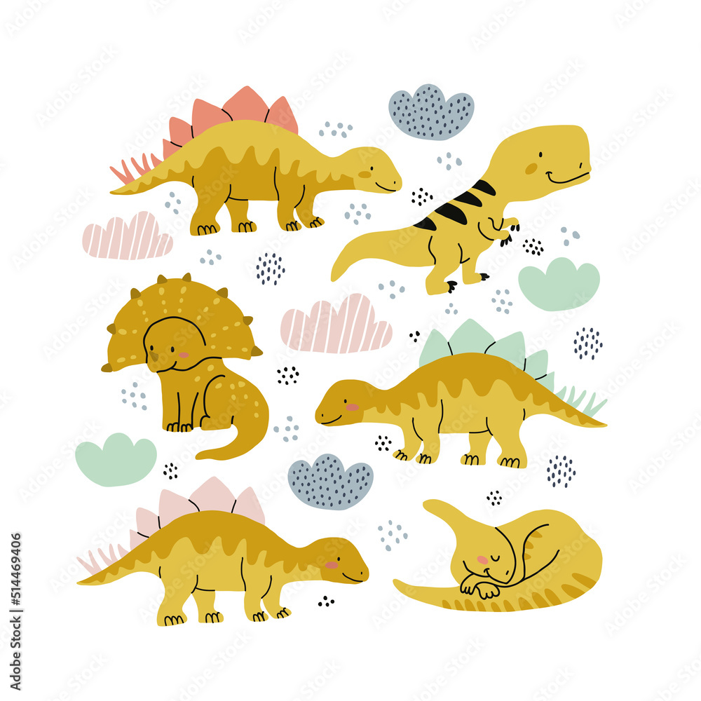 Obraz premium Vector poster with cute collection of dino characters, clouds, sky, dots on white. Kids nursery décor with dinosaurs. Cute dinosaurs, dragons collection