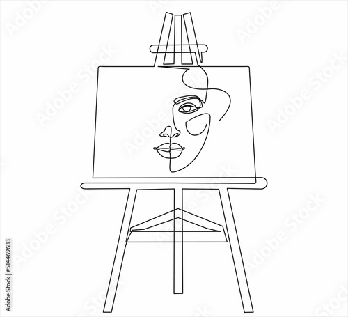 Easel on which a beautiful woman is drawn in continuous one line drawing. Simple outline style.