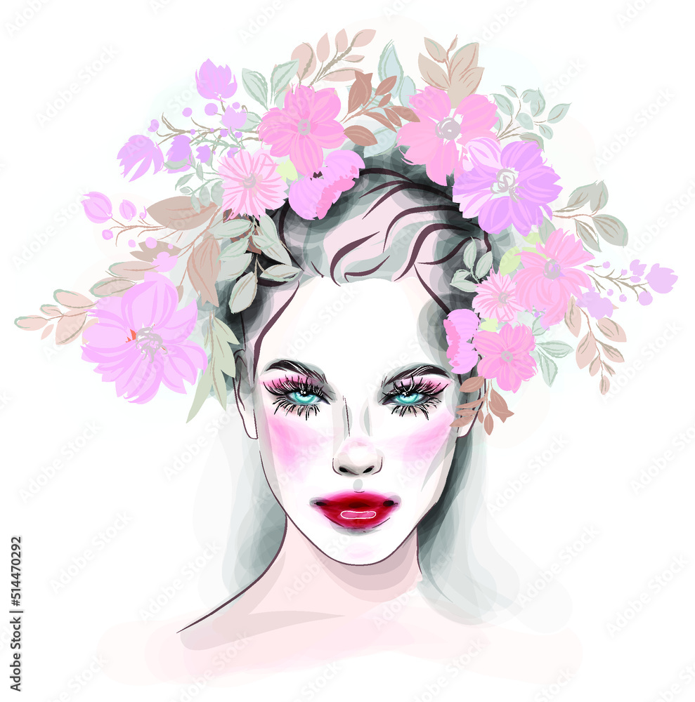 Abstract girl model face makeup drawing sketch. Beautiful young woman fashion portrait illustration.